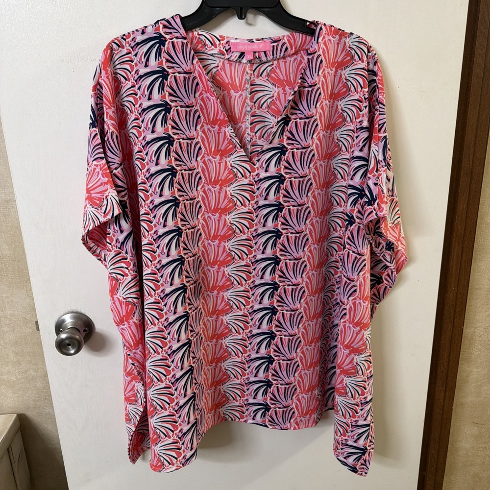 Women's XL  Simply Southern Pink Navy Bat Wing Shirt